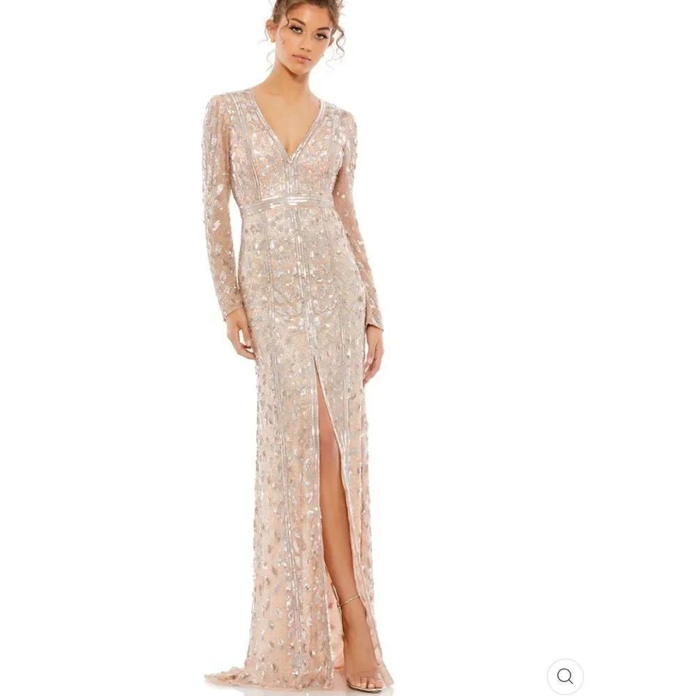 NWT Mac Duggal EMBELLISHED FRONT SLIT LONG SLEEVE GOWN ROSE Gold 12 - Picture 3 of 16